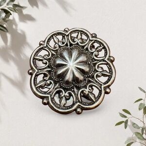 Vintage Ornate Silver Floral Scrollwork Brooch Round Filigree Pin Mixed Metal